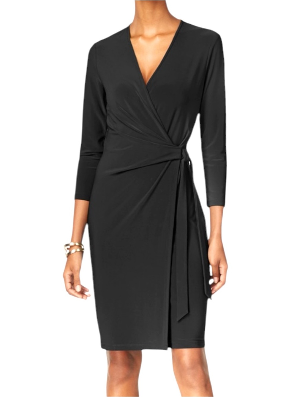 Anne Klein Faux Wrap Midi Dress 3/4 Sleeve Stretch Jerseys Black Size 6